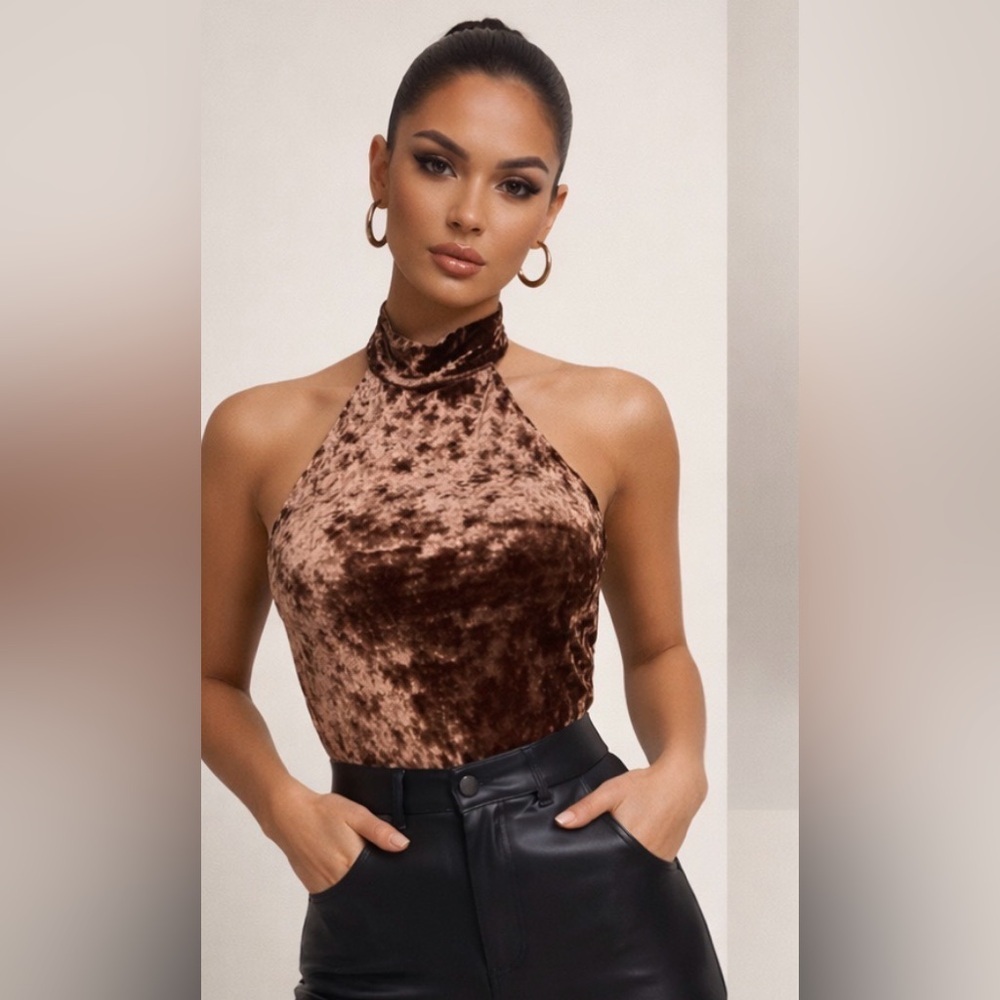 House of Harlow 1960 x Revolve Crushed Velvet Halter Bodysuit Brown XS